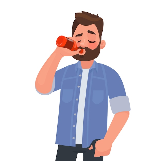 Man drinking beer from a bottle. Alcohol addiction.