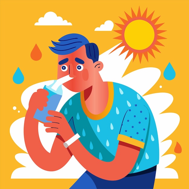 Vector a man drinking from a water bottle with a sun in the background