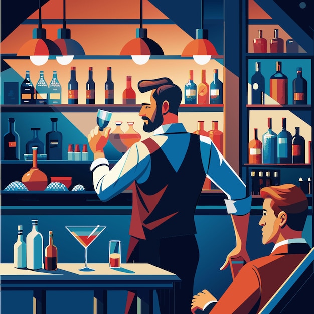 Vector man drinking inside a bar with several bottles and a bar man vector illustration flat 2