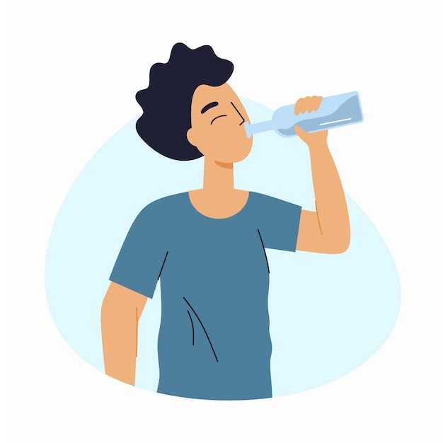 Man drinks wine from  glass bottle. Alcohol dependence. Vector character in  flat style.