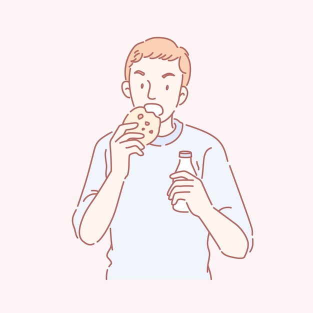 Man eating cookie and holding a bottle of milk in line art