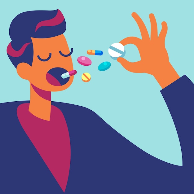 Man eating many drugs illustration