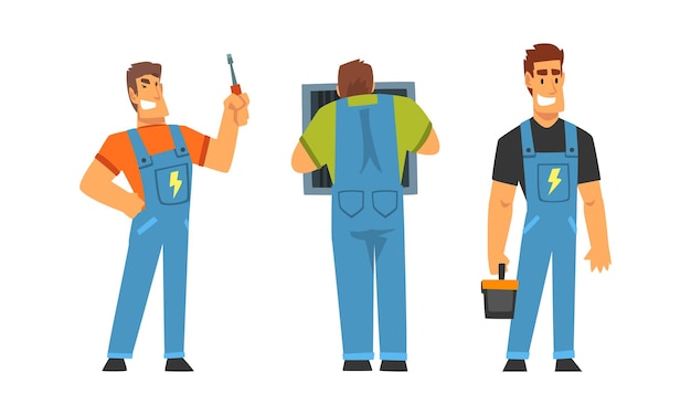 Vector man electrician in blue overall with professional tools engaged in maintenance and repair electrical infrastructure vector set