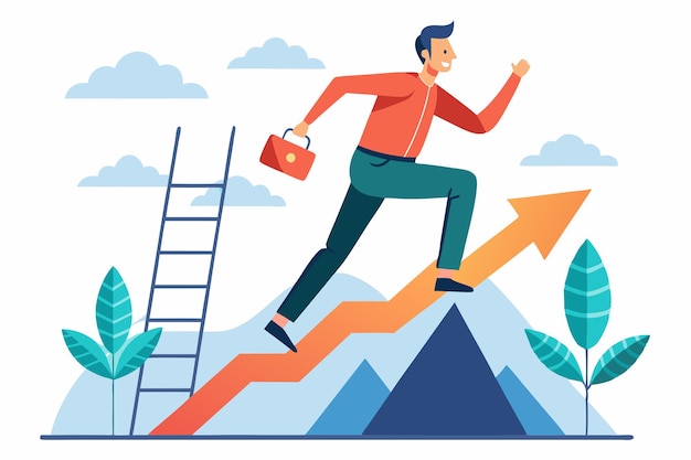 A man energetically runs up a growth chart ladder with a briefcase striving for success in a peaceful setting A man runs towards his goal on a chart ladder illustrating the path to achieving it