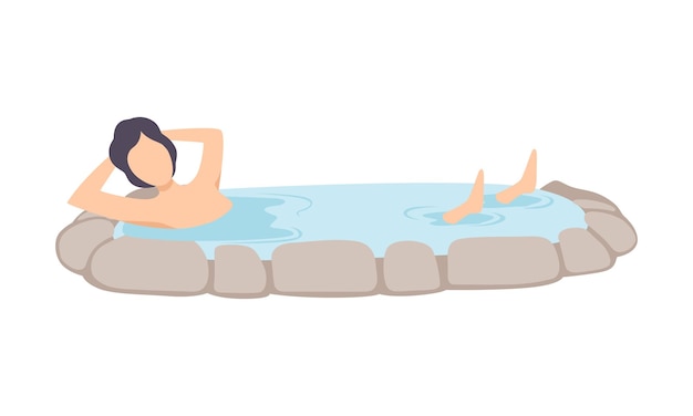 Man enjoying outdoor thermal spring guy relaxing in hot water in bath tub vector Illustration isolated on a white background