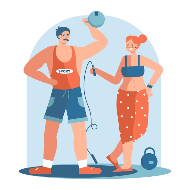 Vector man exercising with kettle bell woman holding skipping rope