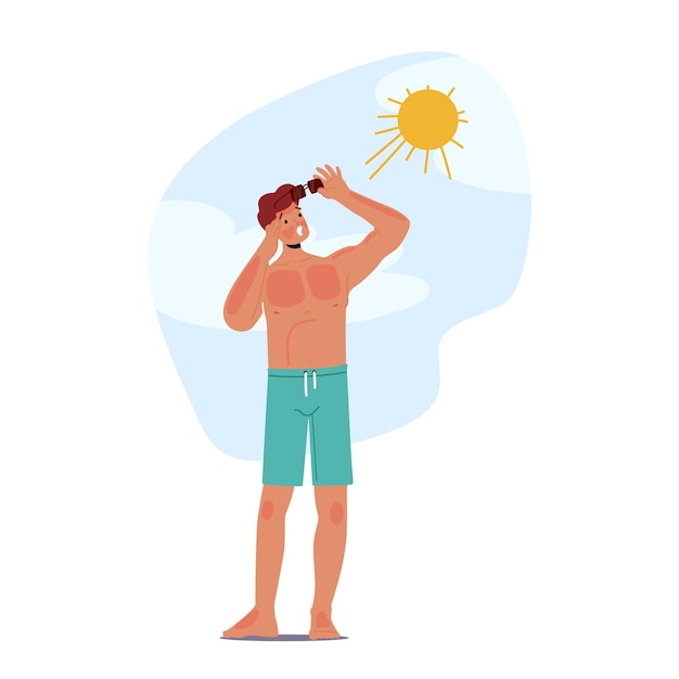 Man Experiences Painful Sunburn On The Beach Resulting In Redness Itching And Peeling Skin Cartoon Illustration