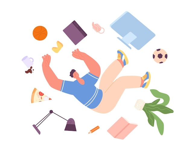 Man falling down Office guy accident person doing error in work Life crisis failure or problems Male flying with laptop business fall utter vector concept