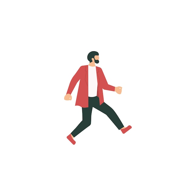 Man in fancy clothing moving fast and dancing down the way Young man with beard doing exercises on the go Illustration of physical activity