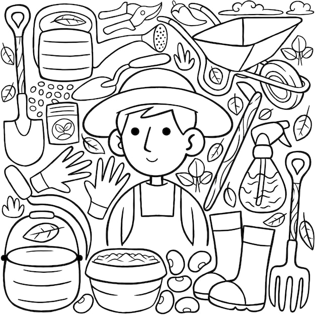 Man Farmer Kawaii Doodle Line Art Vector Illustration