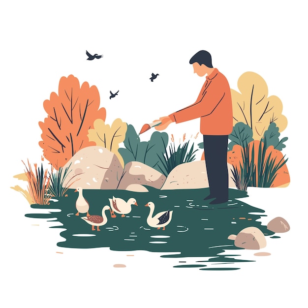 Vector a man feeding ducks at a pond