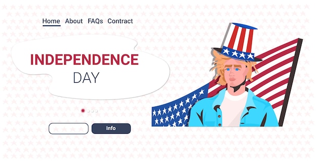 man in festive hat with usa flag celebrating, 4th of july american independence day celebration landing page