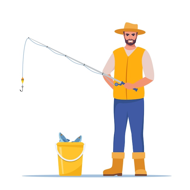 Vector man fishing fisherman with fishing rod fish in bucket man in vest and hat