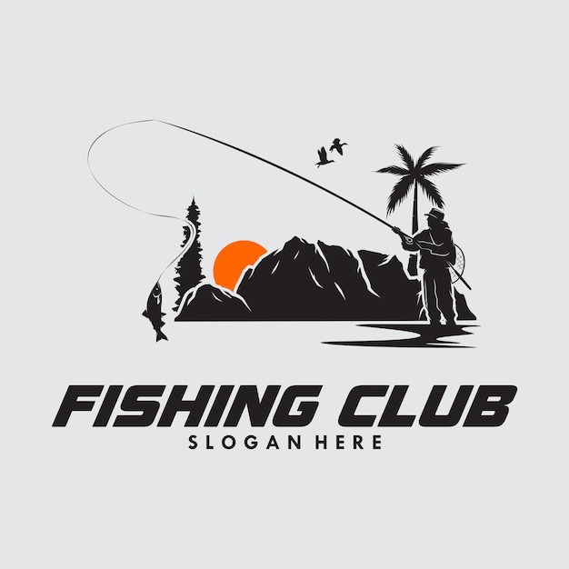 A man fishing silhouette on mountain background logo design