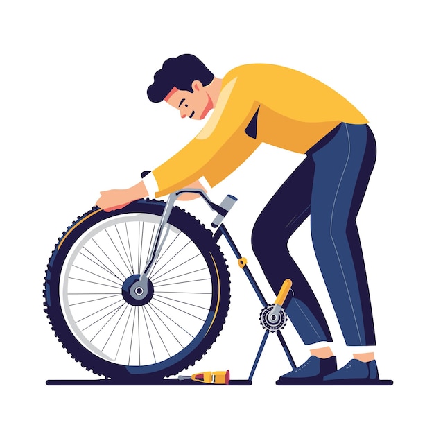 Vector a man fixing a bicycle tire with a wrench