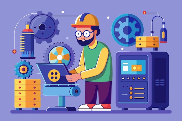 A man focused on his laptop while working in front of a technical machine A technical guy working on repairing a machine hardware and software Simple and minimalist flat Vector Illustration