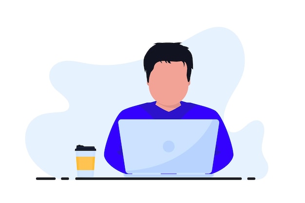 Man freelancers at his desk is working on the laptop and drinking coffee Freelance job concept Developing programming and coding technologies Remote work elearning home office online career