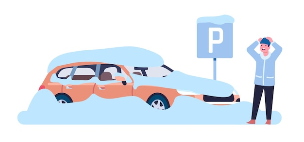 Man frightened by sight of car covered in snow Automobile in snowdrift Upset confused driver Winter snowstorm and snowfall Cold season precipitation Frozen vehicle Vector concept