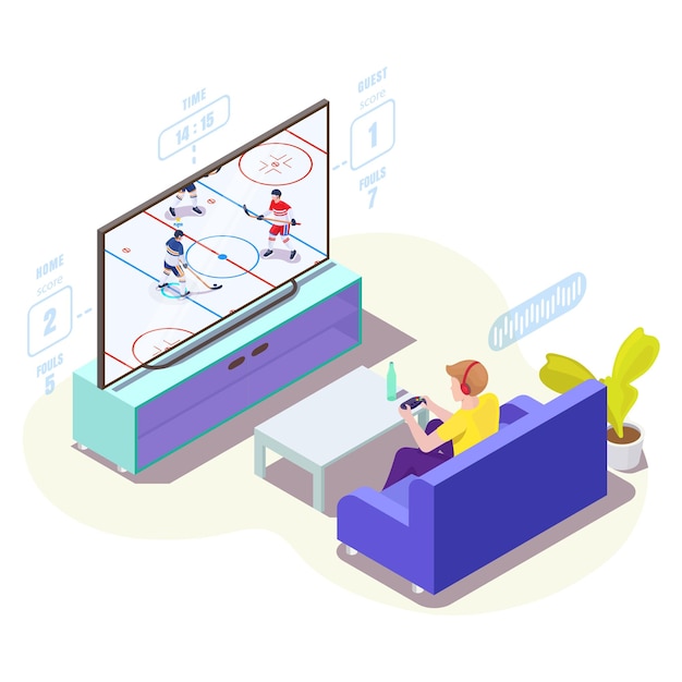 Man gamer in headphones playing ice hockey video game on tv vector isometric illustration online gam...