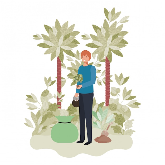 Man gardeners with trees avatar character