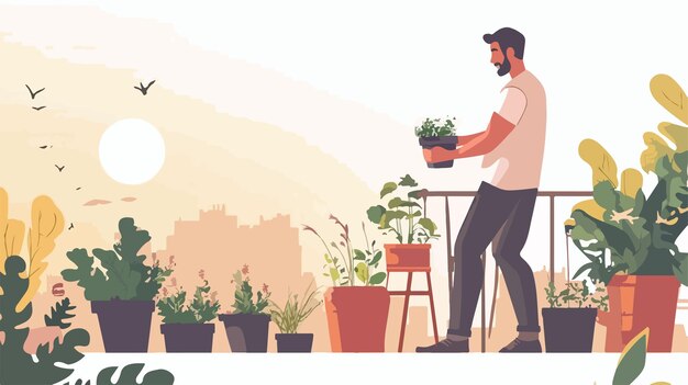 Vector man gardening on rooftop at sunset vector illustration