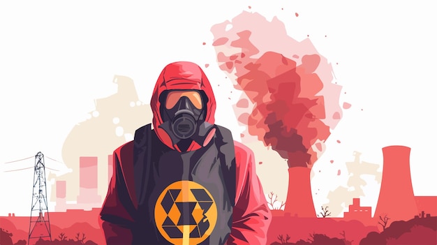 Vector a man in a gas mask stands in front of a red background with a black and yellow logo