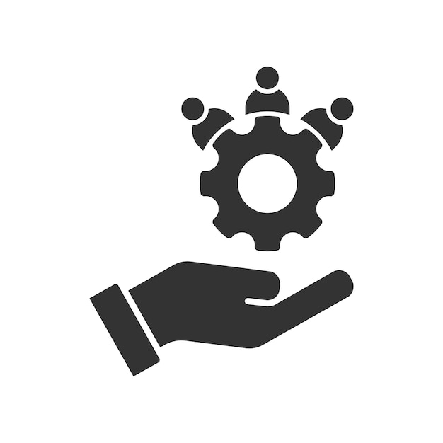 Man and gear on a hand Teamwork management icon Business team Flat vector illustration