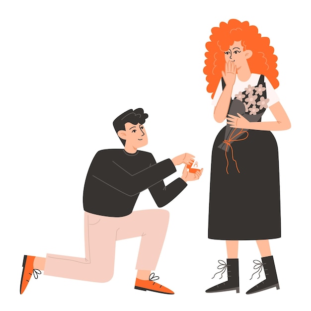 A man gets down on one knee and proposes to a woman