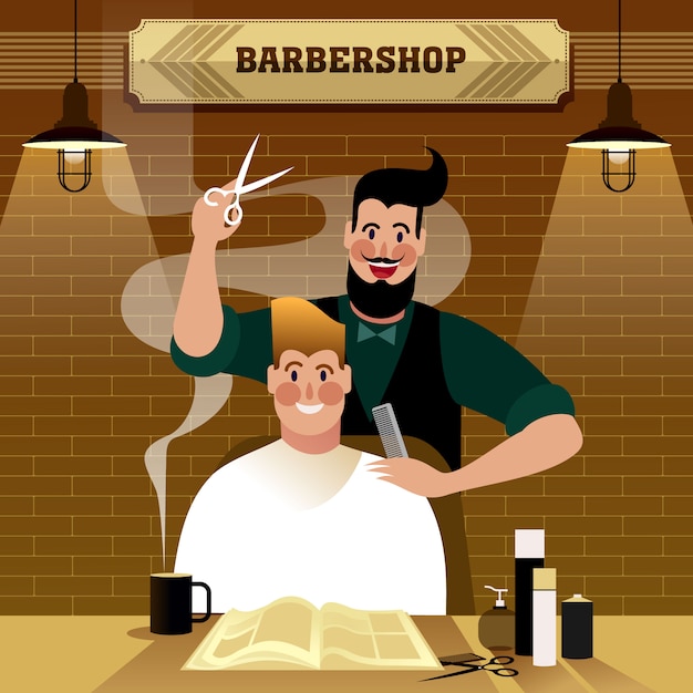 Man Getting Haircut In Barbershop, Hipster city life illustration.