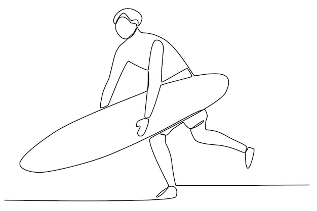 A man getting ready to put his surfboard on the beach Surfing oneline drawing