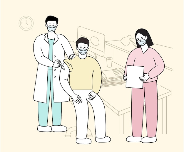 A man getting a vaccine at a hospital illustration set Doctor nurse injection prevention chart