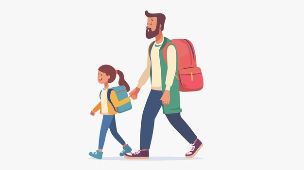 Vector a man and a girl walking with backpacks and backpacks