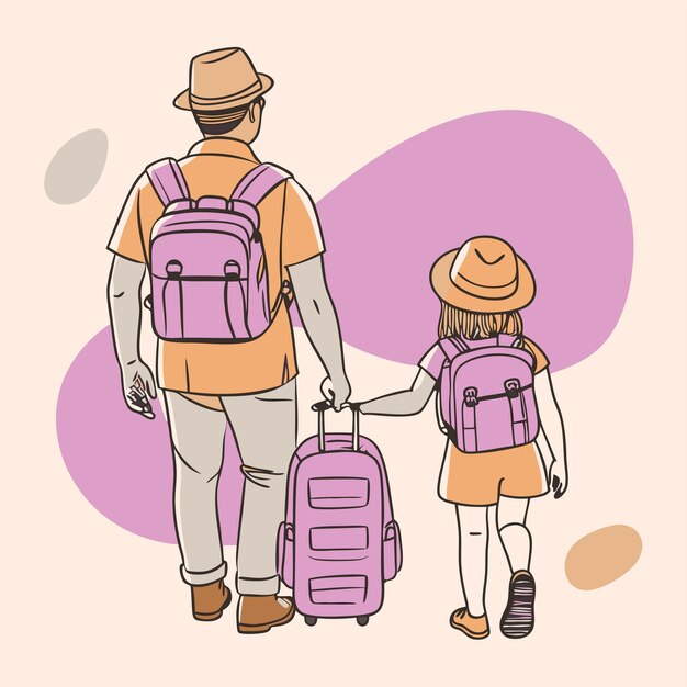 Vector a man and a girl with backpacks holding hands and a purple suitcase