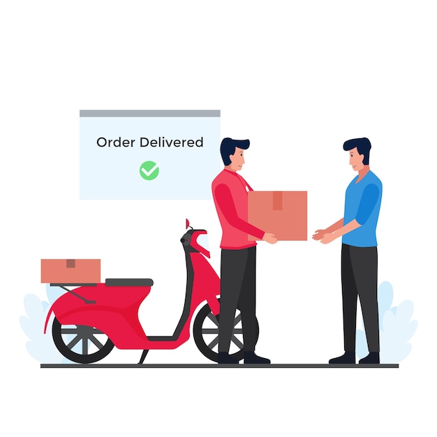 Man give packet to receiver with scooter and notification metaphor of delivery tracking package.