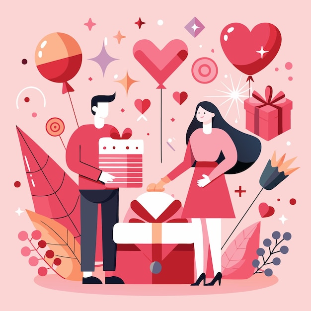 Vector man giving gift to woman with heart balloons and flowers romantic celebration