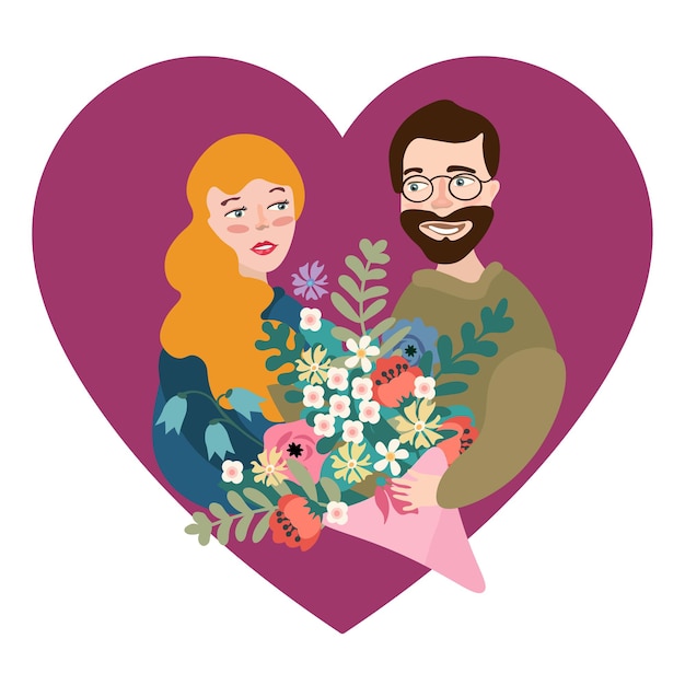 Man giving a heart - Valentines day graphics. Modern flat vector concept illustration - a young man surrounded by plants, holding the big heart. Hearts and flowers. Cute characters in love concept