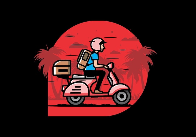 Man goes on vacation riding scooter illustration