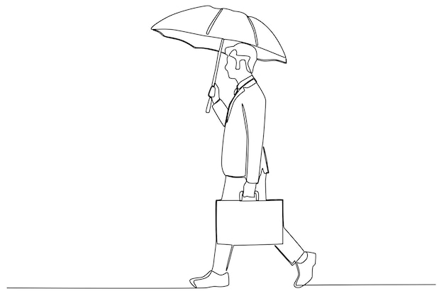 A man going to work the rainy day one line art