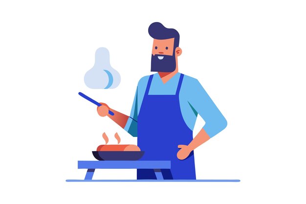 Vector man grilling food on a barbecue grill