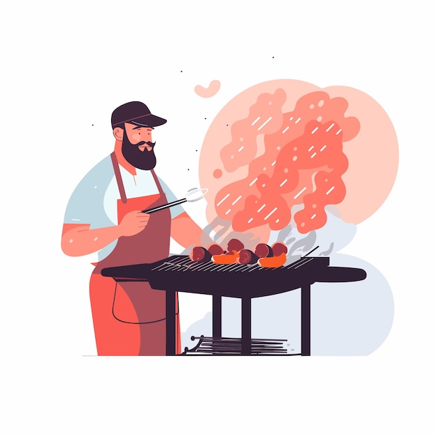 A man grilling juicy steaks on a barbecue with the flames and smoke Vector illustration