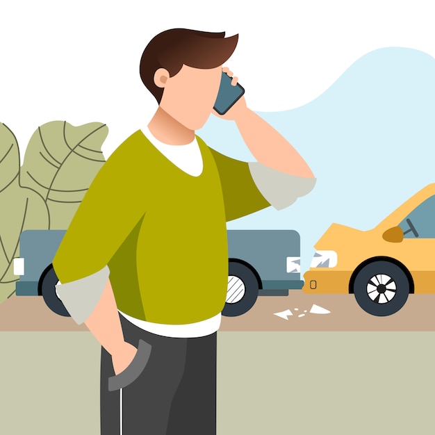 Man had a car accident. Motor Insurance. Guy calling by cell phone mobile phone. Flat  illustration.