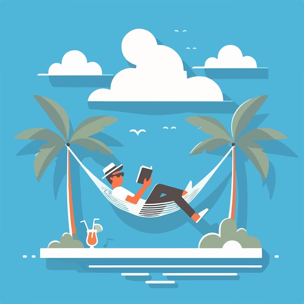 Vector a man in a hammock reading a book under a palm tree