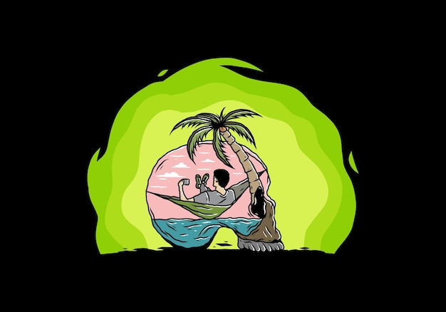 Man on hammock in skull shape illustration