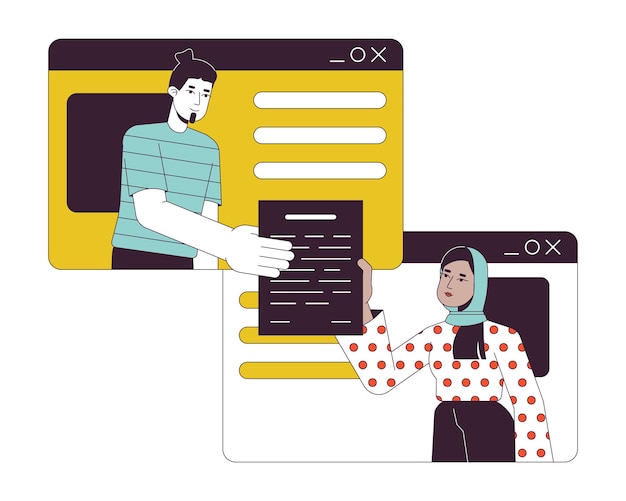 Man hands over document to woman flat line concept vector spot illustration Freelancers in browser window 2D cartoon outline character on white for web UI design Editable isolated color hero image