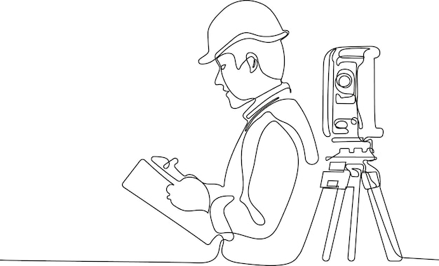 A man in a hard hat is reading a survey on a tripod.