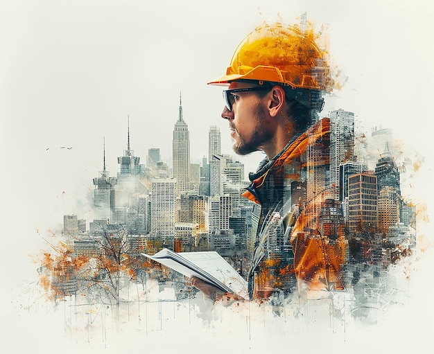 a man in a hard hat is standing in front of a city skyline