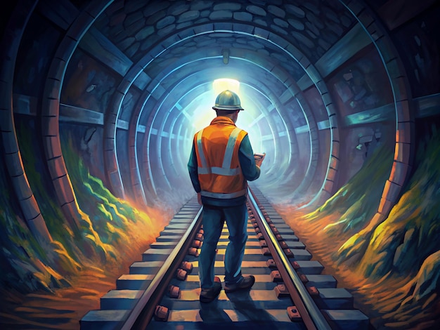 Man in a Hard Hat Looking at Railroad Tracks