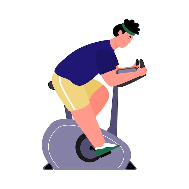 Man has training on cycling machine flat cartoon vector illustration isolated