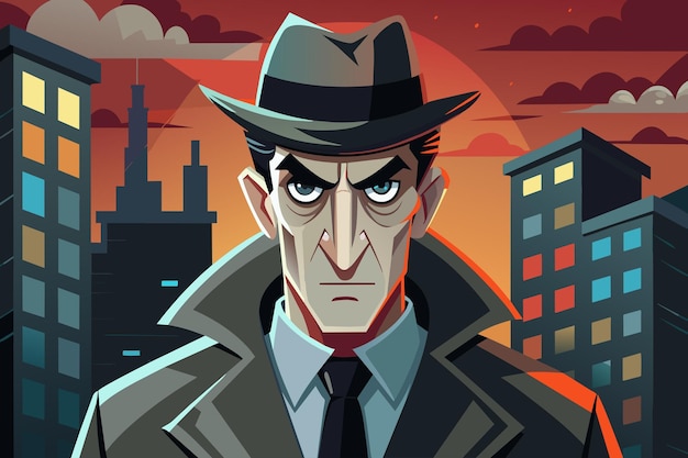 A man in a hat and coat is standing in front of a city skyline