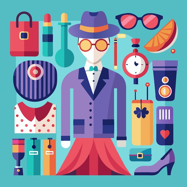 A man in a hat glasses and a suit surrounded by various objects